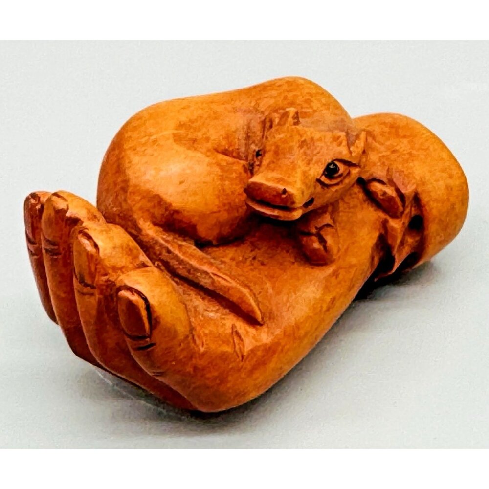 Netsuke Hand Carved Boxwood Cow Ox Toggle Luck Charm 2 inch Japanese Inro Ojime - Picture 1 of 8